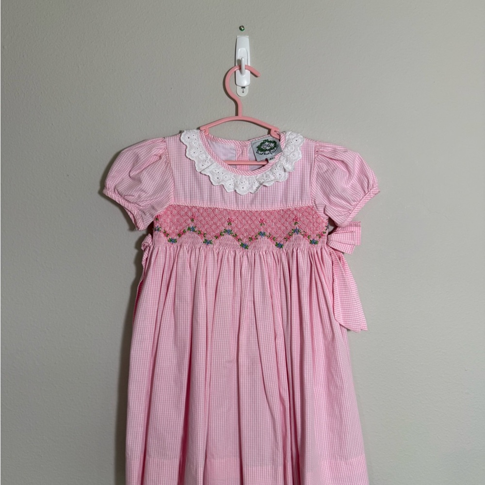 Pink Smocked Girls Dress with Eyelet Collar